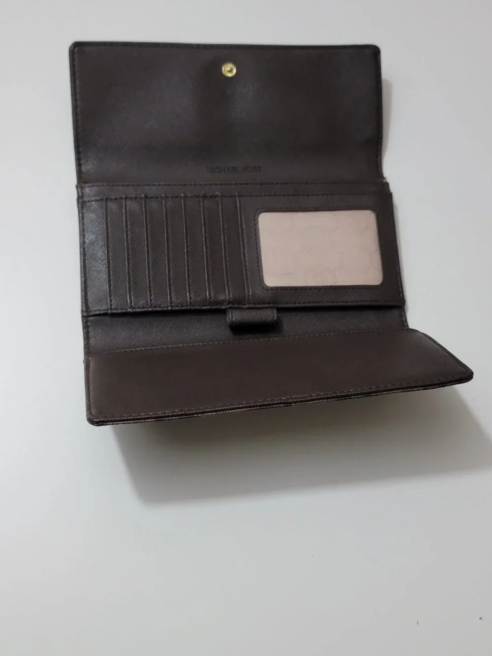 Michael Kors Jet Set Checkbook Wallet Brown Checkerboard Logo Print Gold Plate